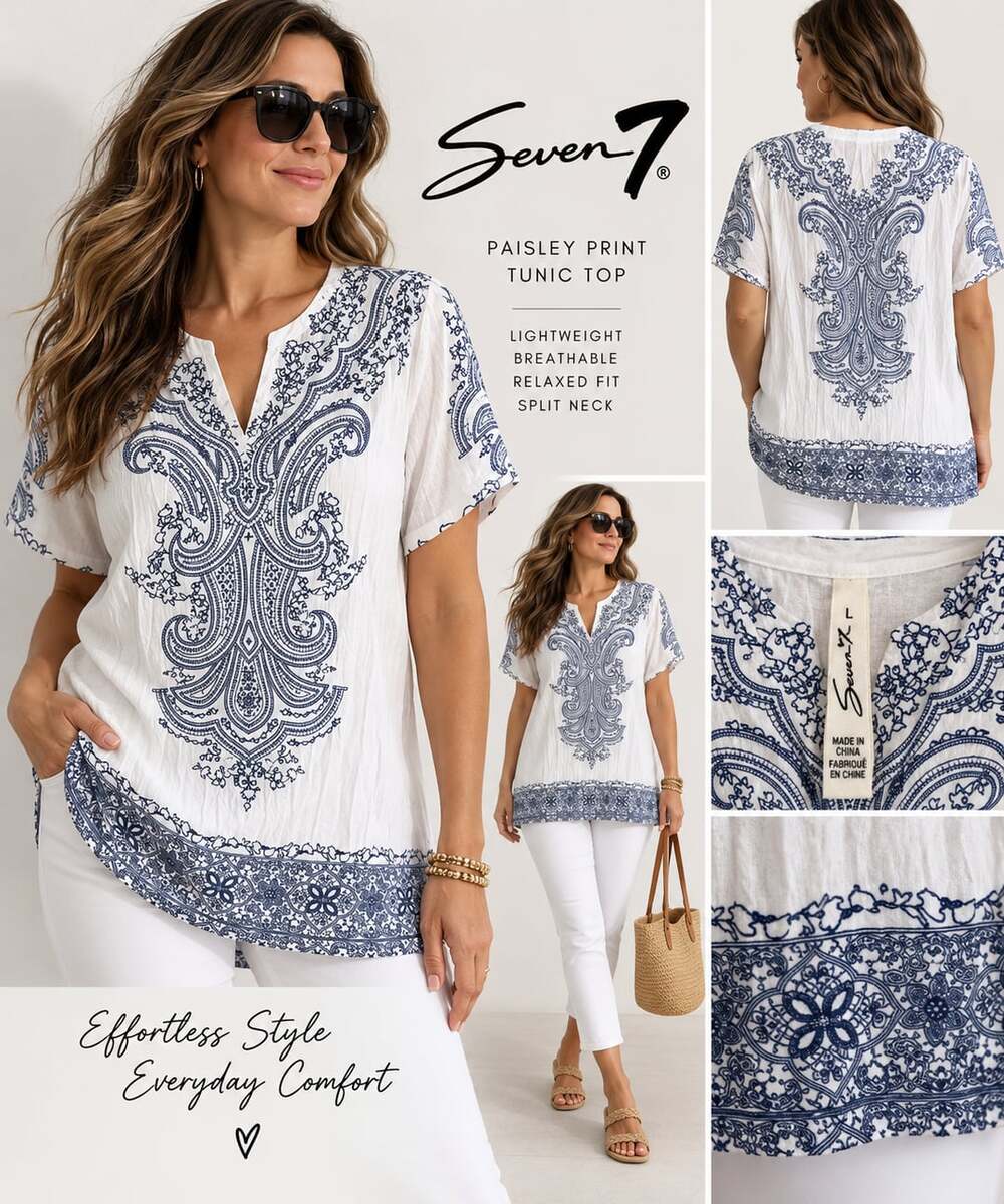 Seven7 Paisley Print Tunic Top Size L White Blue